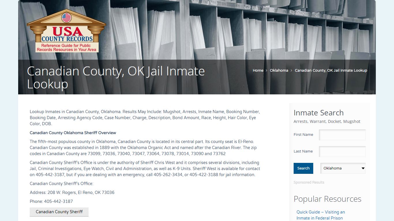 Canadian County, OK Jail Inmate Lookup | Name Search